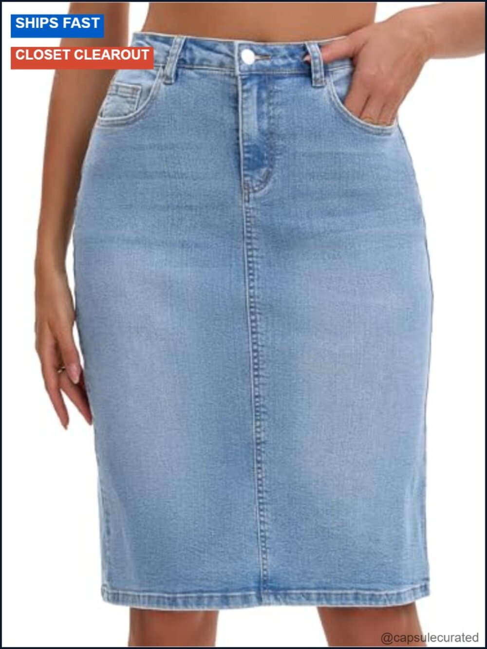 Jean Skirt Back Slit Stretch Below Knee Denim Skirts High Waist Pencil Hem